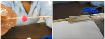 Side-by-side photos of a red bead strung onto a piece of string on the left, and a wooden skewer inserted through the inner alignment of the straw-joint finger segments to provide structure on the right. Side-by-side photos of a red bead strung onto a piece of string on the left, and a wooden skewer inserted through the inner alignment of the straw-joint finger segments to provide structure on the right.
