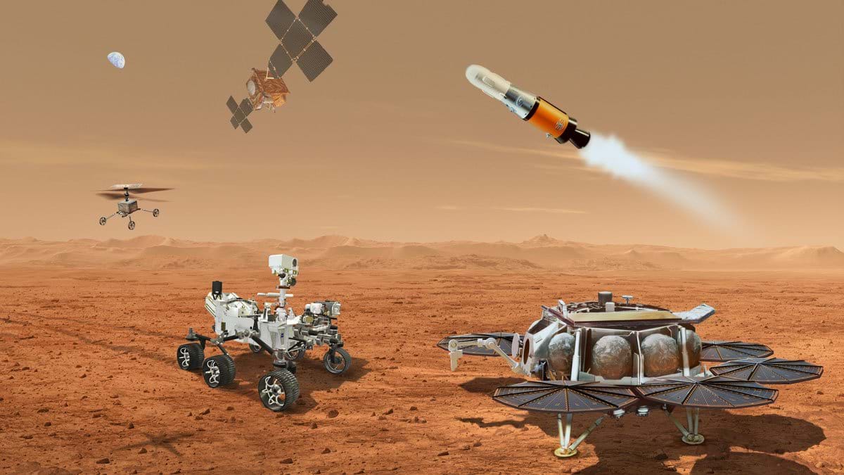 An illustration showing a concept for multiple robots that would team up to ferry to Earth samples of rocks and soil being collected from the Martian surface by NASA's Mars Perseverance rover. An illustration showing a concept for multiple robots that would team up to ferry to Earth samples of rocks and soil being collected from the Martian surface by NASA's Mars Perseverance rover.