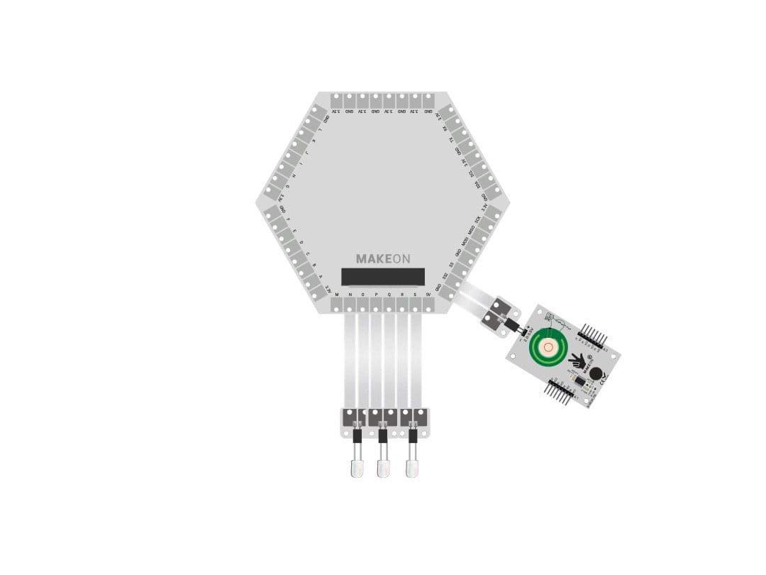 A figure showing a microcontroller connected to three individual LEDs and a sound board module. A figure showing a microcontroller connected to three individual LEDs and a sound board module.