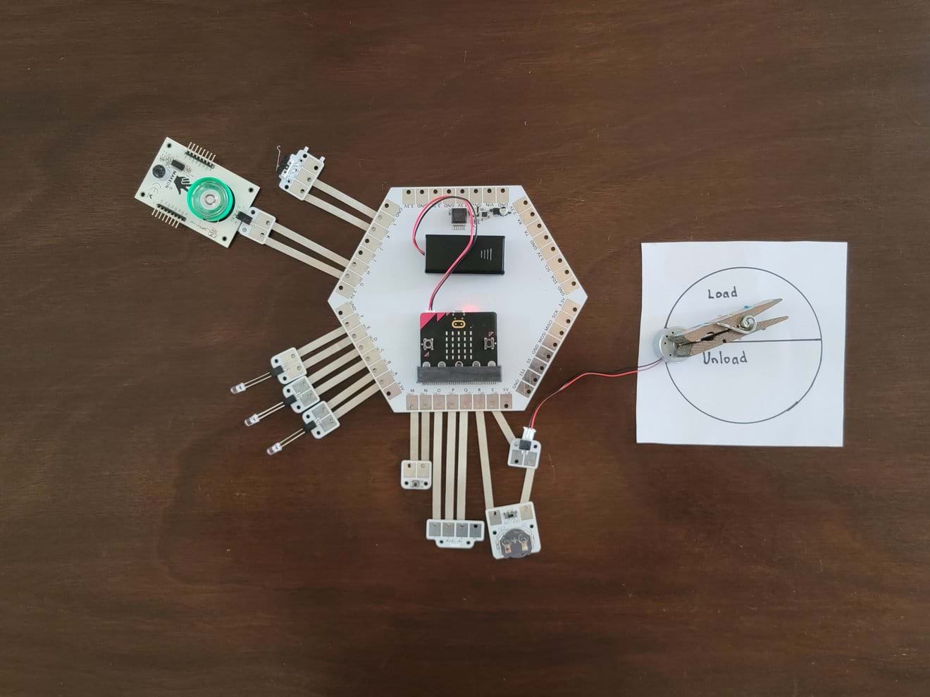 A photo showing individual components connected to a microcontroller through a MakeON Station board. A photo showing individual components connected to a microcontroller through a MakeON Station board.