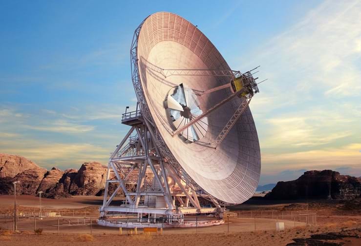 An artist's concept drawing showing what a new antenna dish, capable of supporting both radio wave and laser communications, will look like when completed at the Deep Space Network's Goldstone, California, complex. An artist's concept drawing showing what a new antenna dish, capable of supporting both radio wave and laser communications, will look like when completed at the Deep Space Network's Goldstone, California, complex.