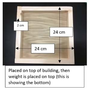 A photo showing the dimensions for the wooden “cap” that will hold the weight. The wooden “cap” is 24 x 24 cm and 2 cm high.