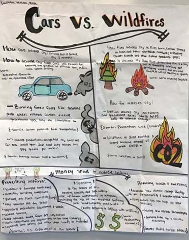 An image of an example poster of student work showing their decisions on cars and wildfires, as well as how the U.S. should spend its money.