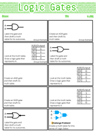 An image of a student worksheet titled “Logic Gates” featuring a grid of logic gate identification activities. Each cell includes a mix of gate symbols, truth tables, or gate names, requiring students to complete the missing information. The worksheet includes labeled examples, a challenge problem with three inputs, and empty spaces for student responses. An image of a student worksheet titled “Logic Gates” featuring a grid of logic gate identification activities. Each cell includes a mix of gate symbols, truth tables, or gate names, requiring students to complete the missing information. The worksheet includes labeled examples, a challenge problem with three inputs, and empty spaces for student responses.