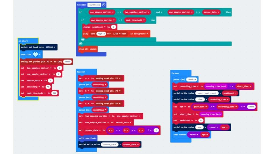 An image showing block code to be used to program the micro:bit to take readings from the pulse sensor. 