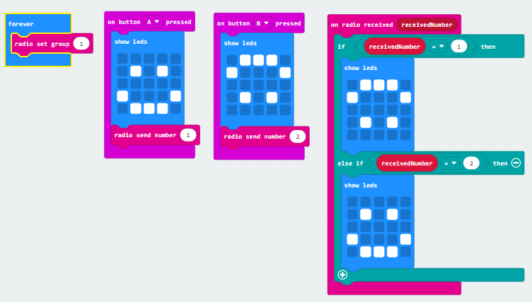 A screenshot showing Option 1: micro:bits diagrams, with example code for two different micro:bits to show how the eye sees an image and then the retina signals the inverse to the brain.