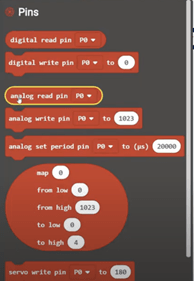 A screenshot of sample code for the micro:bit showing the different read pins available and which one to choose (highlighter in yellow “analog read pin p0). A screenshot of sample code for the micro:bit showing the different read pins available and which one to choose (highlighter in yellow “analog read pin p0).