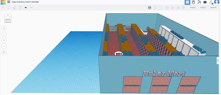 A screenshot from Tinkercad of a group’s redesign of the Huber Mart Turkish market.