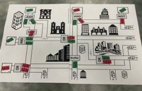 A photo showing the printout of City Layout 1 - Version A with red and green trucks. A photo showing the printout of City Layout 1 - Version A with red and green trucks.