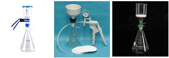 Three images of filtration units with vacuum flasks and hand pumps. 