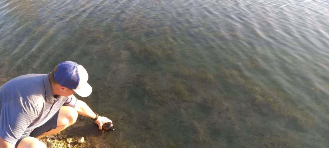 A photo showing a man with a one-liter bottle bending over at a small lake to collect a sample of water with algae present.