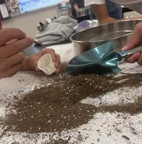 A photo showing students sifting through potting soil.