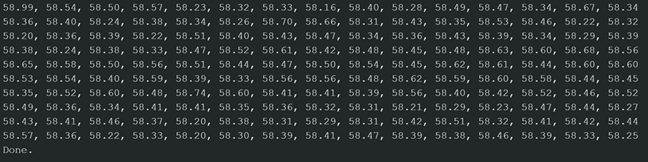 A screenshot of data from a decibel measurement experiment, showing a long list of numerical readings in decibels (dB), indicating the fluctuating sound levels recorded over time. A screenshot of data from a decibel measurement experiment, showing a long list of numerical readings in decibels (dB), indicating the fluctuating sound levels recorded over time.