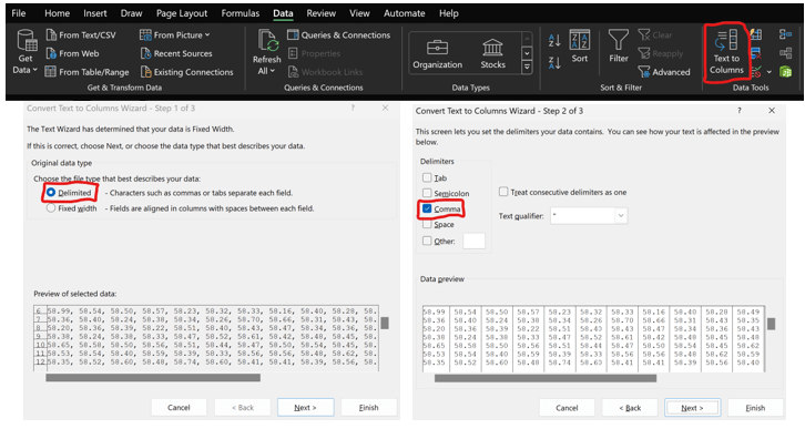 Screenshots showing the Excel commands to disperse the data into Excel via comma delimited formatting. Screenshots showing the Excel commands to disperse the data into Excel via comma delimited formatting.