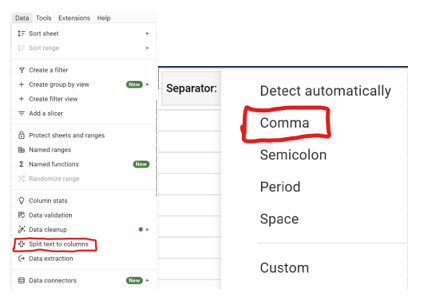 Screenshots showing the GoogleSheets commands to disperse the data into GoogleSheets via comma delimited formatting. Screenshots showing the GoogleSheets commands to disperse the data into GoogleSheets via comma delimited formatting.