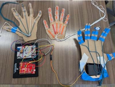 A photo of three cardboard hand designs, along with an Arduino circuit board, sitting on a table. The hands are connected by wires to the circuit. A photo of three cardboard hand designs, along with an Arduino circuit board, sitting on a table. The hands are connected by wires to the circuit.