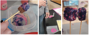 A three-panel photo of treats being dipped and dried. A three-panel photo of treats being dipped and dried.
