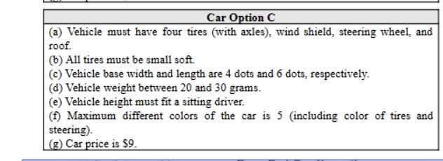 A screenshot of part of the Vehicle Design Options & Specifications Sheet, showing the vehicle requirements, including weight, size, and cost. A screenshot of part of the Vehicle Design Options & Specifications Sheet, showing the vehicle requirements, including weight, size, and cost.