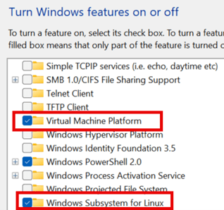 A screenshot of the "Turn Windows features on or off" menu, showing the checkboxes for "Virtual Machine Platform" and "Windows Subsystem for Linux" both selected and highlighted in red boxes. A screenshot of the "Turn Windows features on or off" menu, showing the checkboxes for "Virtual Machine Platform" and "Windows Subsystem for Linux" both selected and highlighted in red boxes.