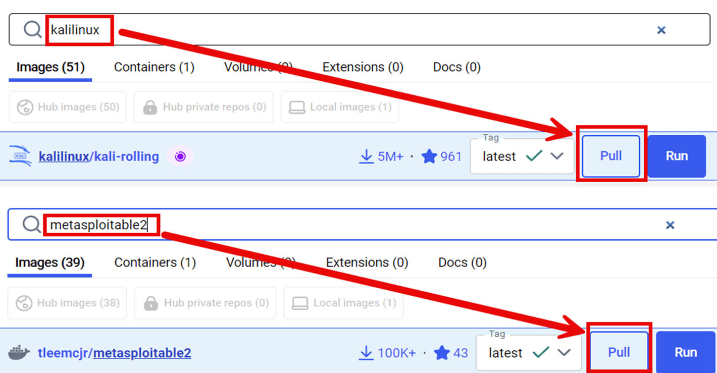 A composite screenshot showing two separate searches within a software application's interface, likely for container images. The top panel shows a search for "kalilinux" with a red arrow pointing to the Pull button for the kalilinux/kali-rolling image. The bottom panel shows a search for "metasploitable2" with a red arrow pointing to the Pull button for the tleemcjr/metasploitable2 image. A composite screenshot showing two separate searches within a software application's interface, likely for container images. The top panel shows a search for "kalilinux" with a red arrow pointing to the Pull button for the kalilinux/kali-rolling image. The bottom panel shows a search for "metasploitable2" with a red arrow pointing to the Pull button for the tleemcjr/metasploitable2 image.