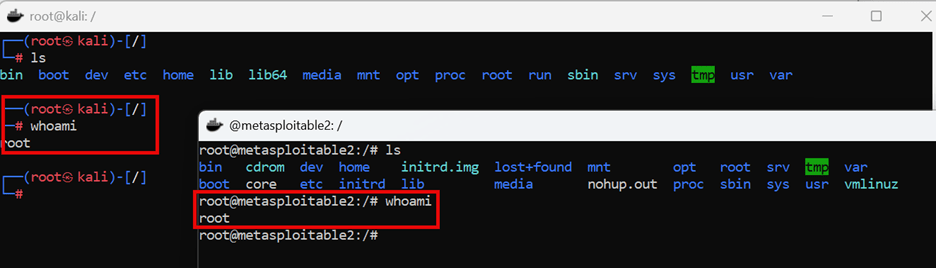 A side-by-side screenshot comparison of two terminal windows, one for a Kali Linux system and the other for a Metasploitable 2 container. Both terminals show the results of the whoami command, which confirms that the user is root in both environments. A side-by-side screenshot comparison of two terminal windows, one for a Kali Linux system and the other for a Metasploitable 2 container. Both terminals show the results of the whoami command, which confirms that the user is root in both environments.