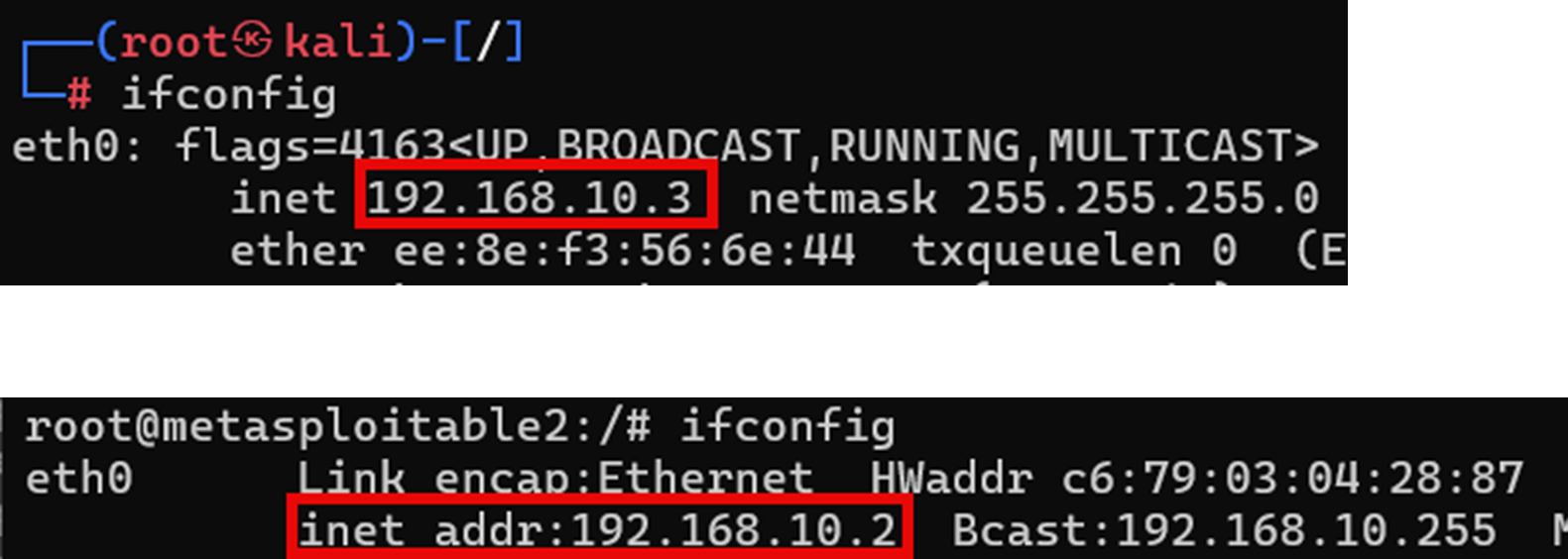 A two-part image showing screenshots of two separate terminals, both displaying the output of the ifconfig command. The command shows the network configuration, specifically the IP address for the eth0 interface. A two-part image showing screenshots of two separate terminals, both displaying the output of the ifconfig command. The command shows the network configuration, specifically the IP address for the eth0 interface.
