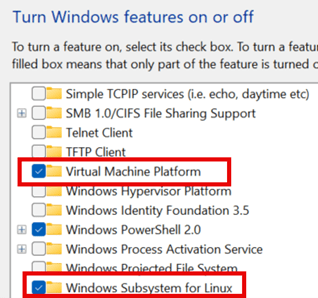 A screenshot of the "Turn Windows features on or off" menu, showing the checkboxes for "Virtual Machine Platform" and "Windows Subsystem for Linux" both selected and highlighted in red boxes. A screenshot of the "Turn Windows features on or off" menu, showing the checkboxes for "Virtual Machine Platform" and "Windows Subsystem for Linux" both selected and highlighted in red boxes.