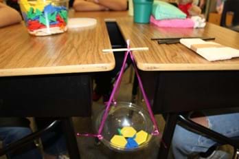 A photo showing a plastic cup suspended between two classroom desks using pink string and a wooden stick. The stick rests across the gap between the desks, with the cup hanging below it. Inside the bowl are several counters. A photo showing a plastic cup suspended between two classroom desks using pink string and a wooden stick. The stick rests across the gap between the desks, with the cup hanging below it. Inside the bowl are several counters.