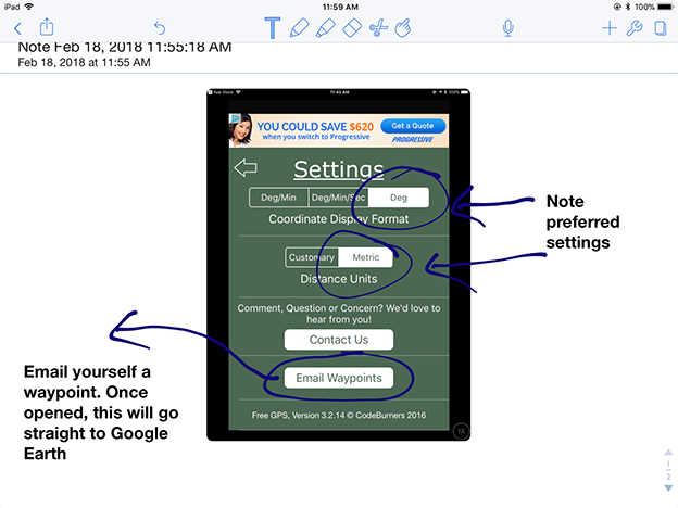 This image is a screenshot of an iPad running the app Free GPS. It shows the settings screen, which allows users to adjust units for latitude and longitude and distance, as well as contact the application’s developer and send files to email addresses.